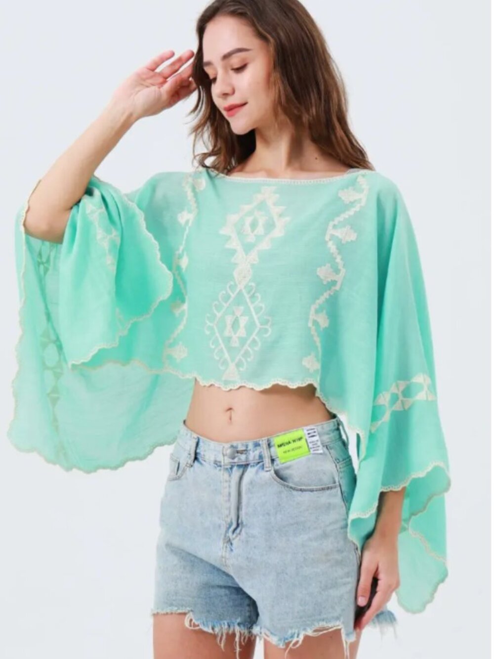 NWOT Light Blue Boho Cropped Kaftan Top with Geometric Embroidery
